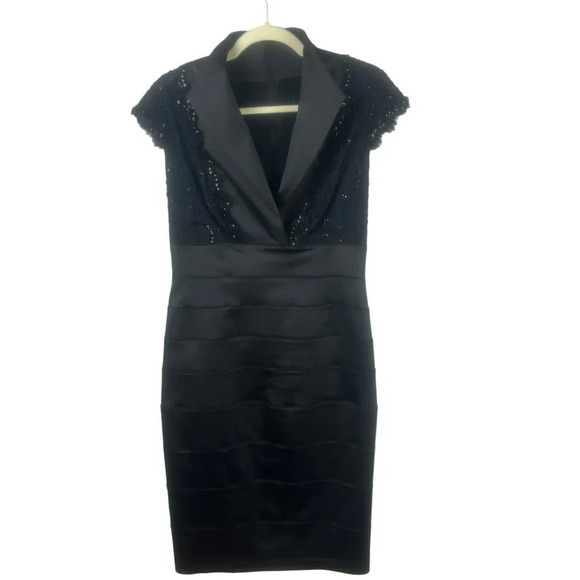 NEW‎ Tadashi Shoji Dress 8 Black Knee Length Lace Bead Shift Cocktail Wedding - Picture 1 of 11